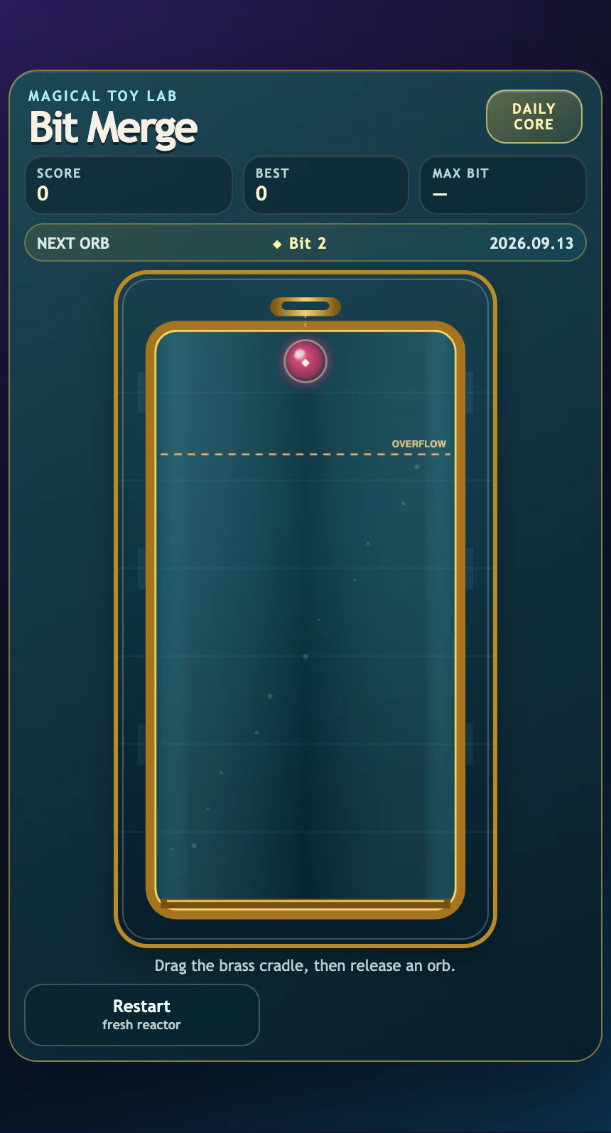 Bit Merge Daily Core reactor with the current orb, next-orb preview, score panels and overflow line visible